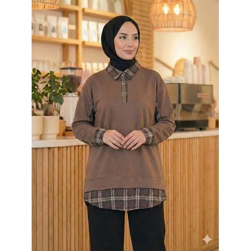Ekose Detaylı Oysho Kumaş Tunik 26836 - Sütlü Kahve - M - AZRA07791-60904
