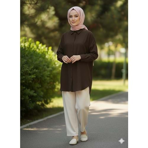 Uzun Kollu Düz Gömlek 25331 - Kahve Rengi - L - AZRA07792-60914