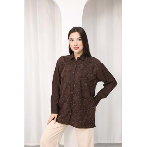 İşlemeli Dantel Detaylı Çiçekli Gömlek 26589 - Acı Kahve - L - AZRA07793-60931