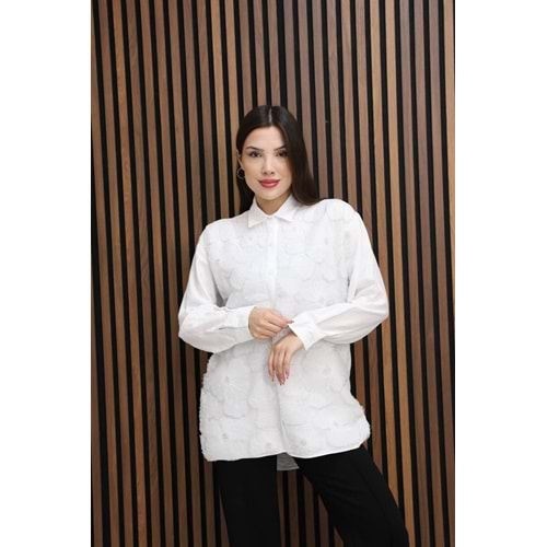 İşlemeli Dantel Detaylı Çiçekli Gömlek 26589 - Beyaz - L - AZRA07793-60935