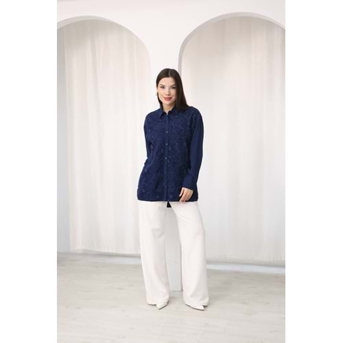 İşlemeli Dantel Detaylı Çiçekli Gömlek 26589 - Lacivert - L - AZRA07793-60939