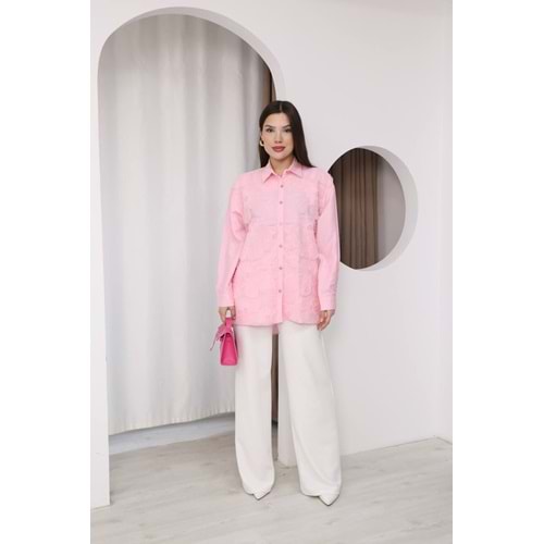 İşlemeli Dantel Detaylı Çiçekli Gömlek 26589 - Pembe - L - AZRA07793-60947