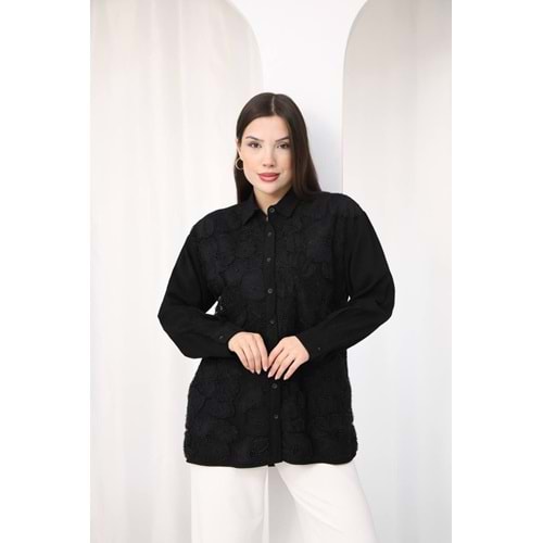 İşlemeli Dantel Detaylı Çiçekli Gömlek 26589 - Siyah - L - AZRA07793-60951
