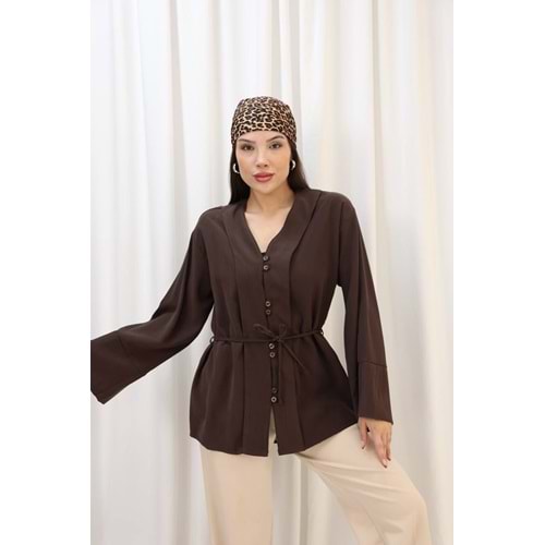 Önü Düğmeli Pervazlı Gömlek 26800 - Koyu Kahve - L - AZRA07794-60956