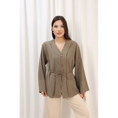 Önü Düğmeli Pervazlı Gömlek 26800 - Kum - L - AZRA07794-60960