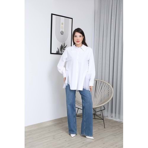 Yanları Tüllü Gömlek 26595 - Beyaz - XL