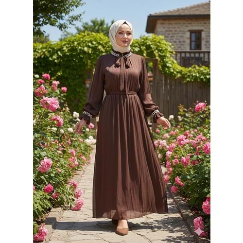 Yakası ve Kolları Taşlı Janjan Abiye Elbise af11 4748 - Acı Kahve - 42