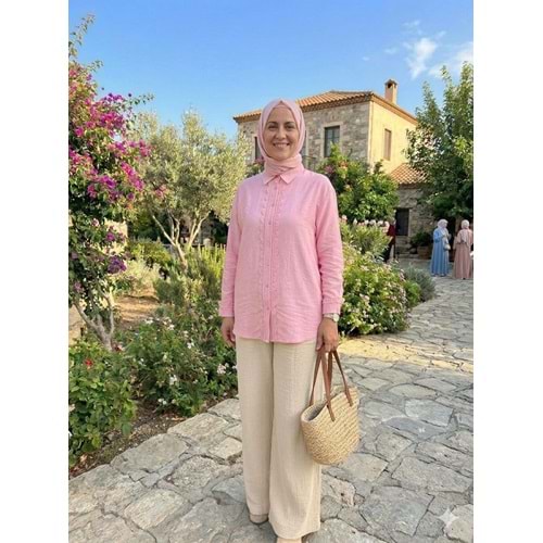 Taşlı Aksesuar Görünümlü Gömlek 26791 - Pembe - M