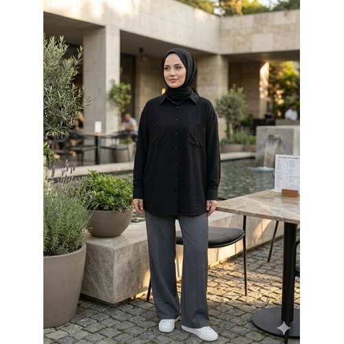 Cep Nakışlı Gömlek 26796 - Siyah - M