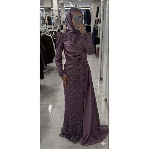 Yanı Saten Detaylı Abiye Elbise 12577 - Lila - 40