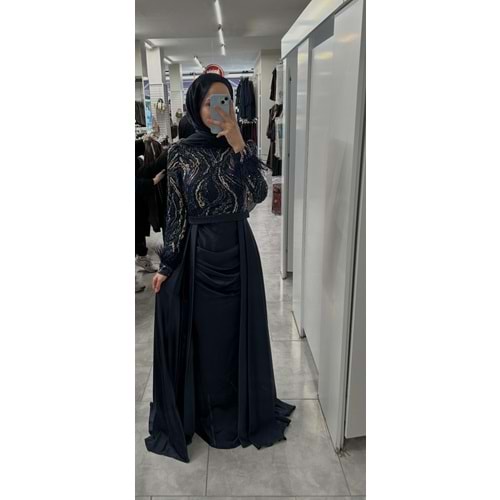 Üstü Pullu Saten Abiye Elbise 170035 - Lacivert - 40