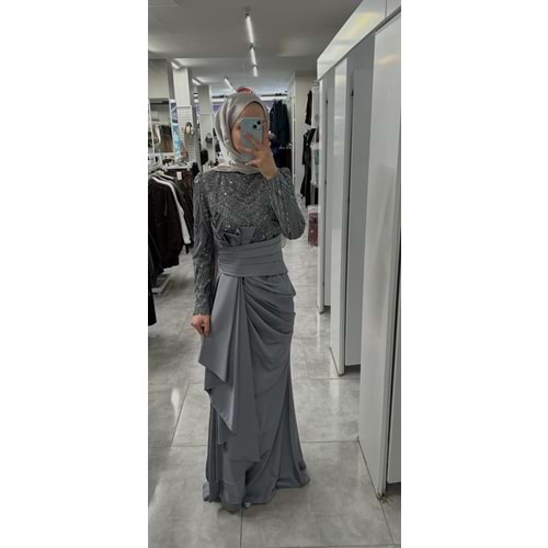 Beli Drape Detaylı Abiye Elbise 12582 - Gri - 40
