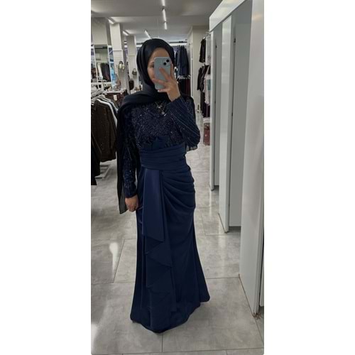 Beli Drape Detaylı Abiye Elbise 12582 - Lacivert - 40