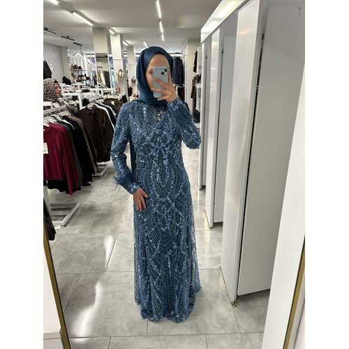 Ful Taşlı Abiye Elbise 17041 - Petrol Mavi - 40