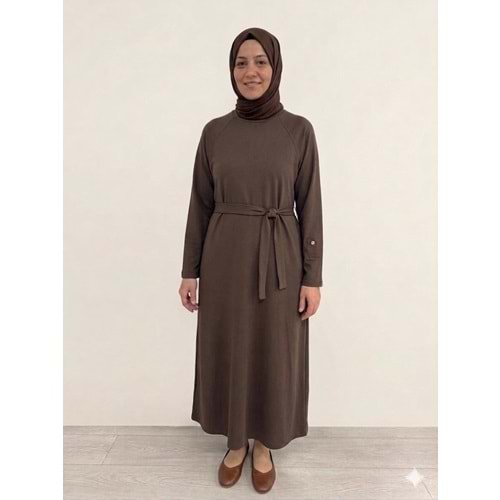 Beli Kuşaklı Oysho Elbise 12671 - Acı Kahve - TEK BEDEN