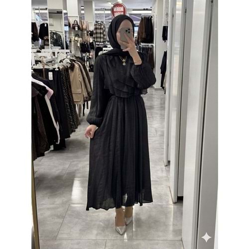 Fırfırlı Tensel Elbise 32485 - Siyah - L