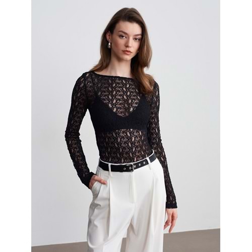Kayık Yaka Dantel Bady 32763 - Siyah - M