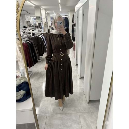 Pohen Beli Kemerli Modal Kumaş Elbise 1950 - Acı Kahve - L-XL