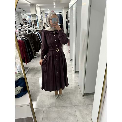Pohen Beli Kemerli Modal Kumaş Elbise 1950 - Bordo - L-XL