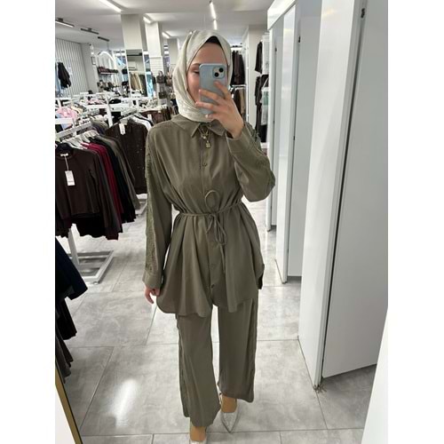 Kolları ve Pantolonlu Tül Detaylı Takım 120421 - Haki - 40