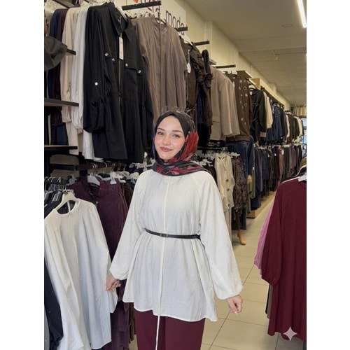 Balon Kol Fermuar Detaylı Kemerli Gömlek 26882 - Beyaz - M