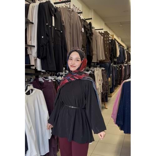 Balon Kol Fermuar Detaylı Kemerli Gömlek 26882 - Siyah - S