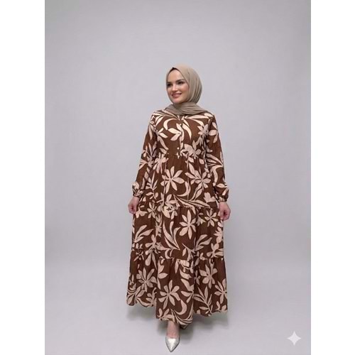 Bahar Desenli Elbise 1922 - Kahve Rengi - 38-40 - AZRA08237-64325