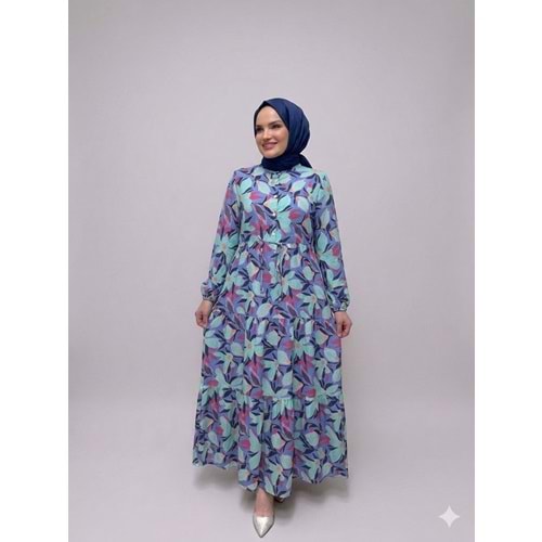 Bahar Desenli Elbise 1922 - Mavi - 50-52 - AZRA08237-64332