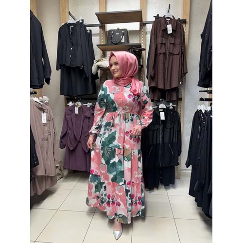 Bahar Desenli Elbise 1922 - Pembe - 42-44 - AZRA08237-64334