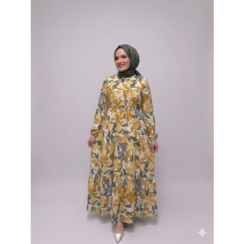 Bahar Desenli Elbise 1922 - Sarı - 46-48 - AZRA08237-64339