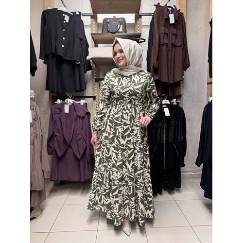 Bahar Desenli Elbise 1922 - Yeşil - 46-48 - AZRA08237-64347