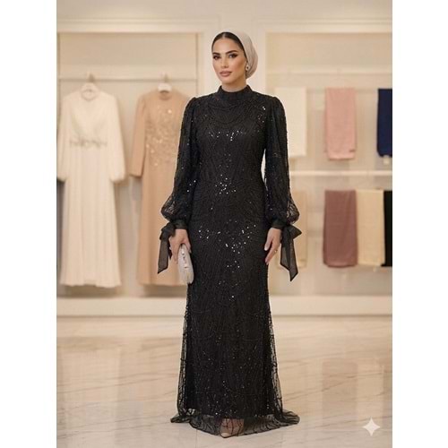 Boncuk ve Pullu Battal Abiye Elbise 4784 - Siyah - 50