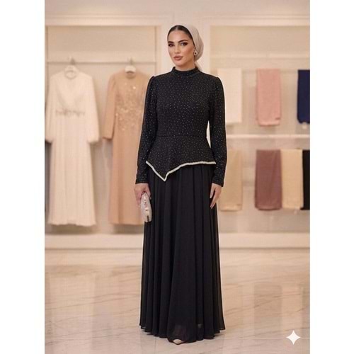 Pullu Eteği Taşlı Abiye Elbise 4824 - Siyah - 40