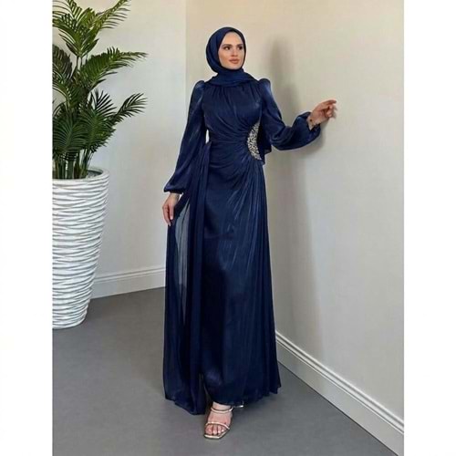 Yanı Taşlı Janjan Abiye Elbise 4756 - Lacivert - 40 - AZRA08295-65642
