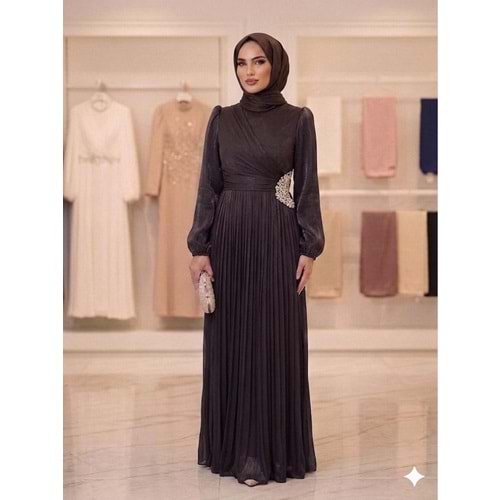 Yanı Taşlı Janjan Abiye Elbise af11 4756 - Acı Kahve - 38