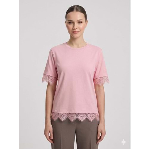 Kol ve Eteği Dantel Detaylı Tişört 26906 - Pembe - M