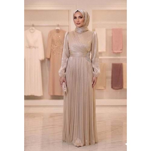 Yanı Taşlı Fırfırlı Abiye Elbise af11 17037 - Bej - 40