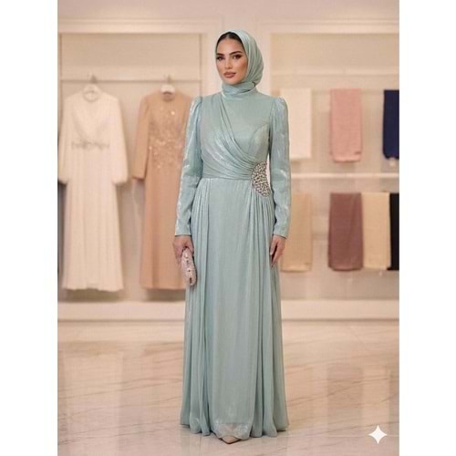Yanı Taşlı Fırfırlı Abiye Elbise af11 17037 - Mint Yeşili - 40