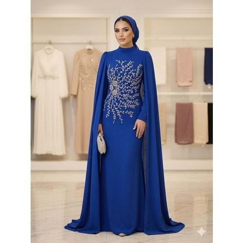 Kristal Taşlı Abiye Elbise 12583 - Saks Mavi - 40
