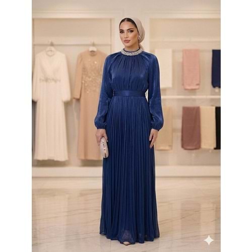 Taşlı Yaka İşlemeli Abiye Elbise af11 17001 - Lacivert - 40