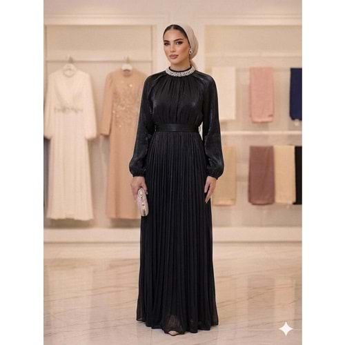 Taşlı Yaka İşlemeli Abiye Elbise af11 17001 - Siyah - 40