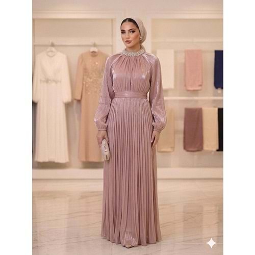 Taşlı Yaka İşlemeli Abiye Elbise af11 17001 - Toz Pembe - 40