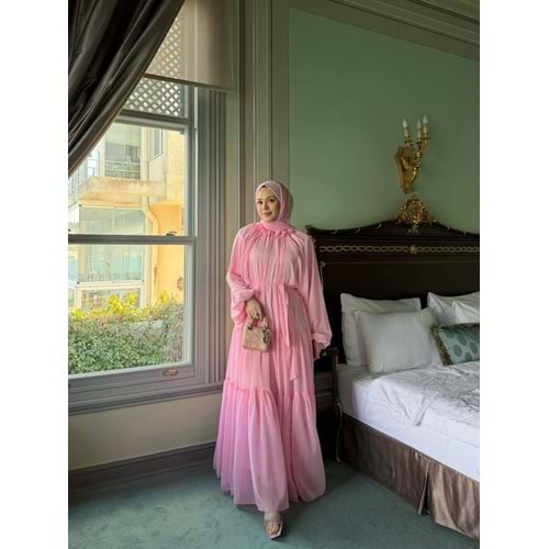 Yakası Çiçek Detaylı Reglan Kol Elbise 26068 - Pembe - 46-48 - AZRA08340-65456