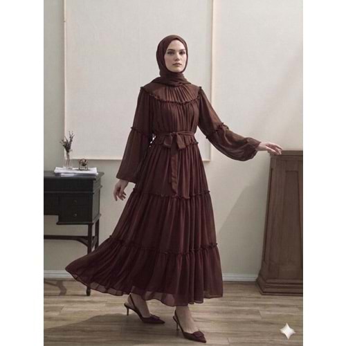 Şifon Fırfırlı Elbise 9886 - Acı Kahve - TEK BEDEN - AZRA08341-65461