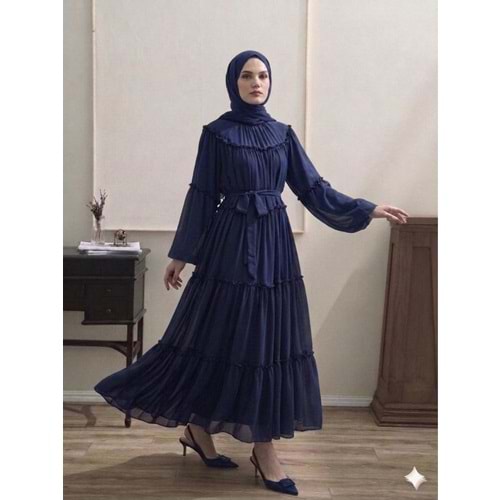 Şifon Fırfırlı Elbise 9886 - Lacivert - TEK BEDEN - AZRA08341-65463