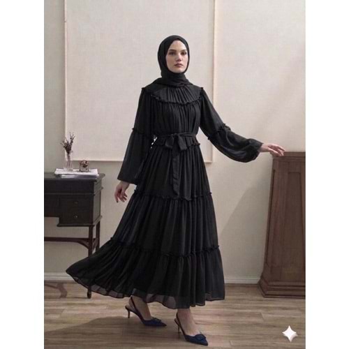 Şifon Fırfırlı Elbise 9886 - Siyah - TEK BEDEN - AZRA08341-65464