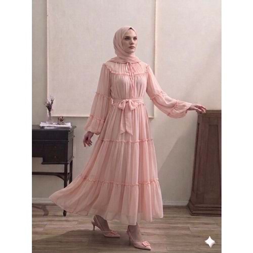 Şifon Fırfırlı Elbise 9886 - Toz Pembe - TEK BEDEN - AZRA08341-65465
