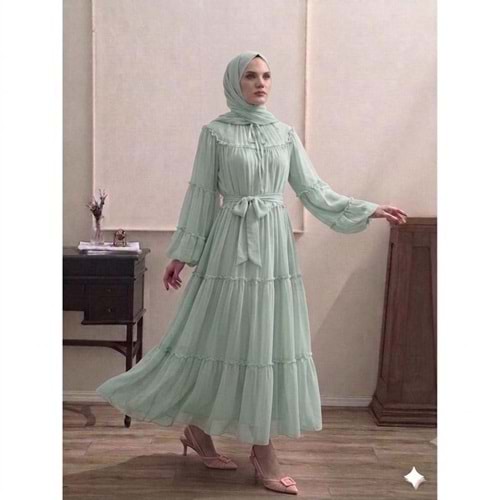 Şifon Fırfırlı Elbise 9886 - Yeşil - TEK BEDEN
