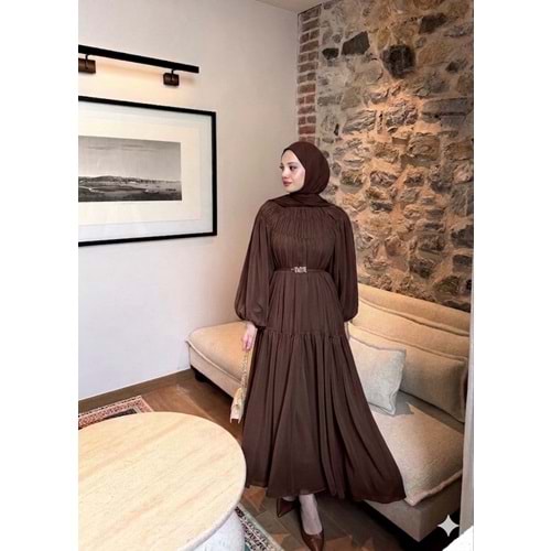 Kat Kat Büzgü Detaylı Elbise 91080 - Acı Kahve - TEK BEDEN - AZRA08342-65467