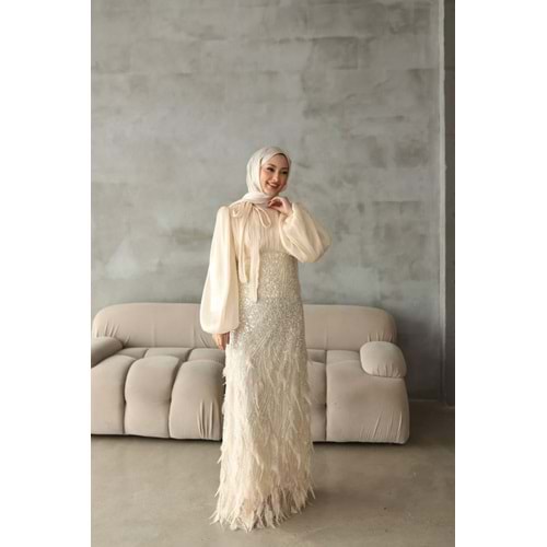 Etek Tüylü Taşlı Abiye Elbise 2974 - Bej - 40 - AZRA08350-65587